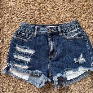 KanCan Dark Blue Distressed High-Rise Denim Shorts